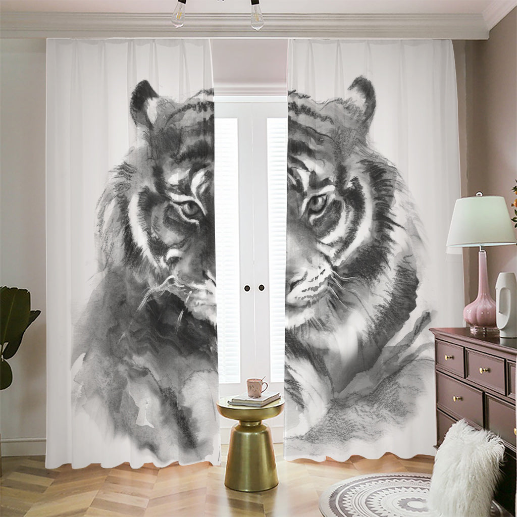 Monochrome Watercolor White Tiger Print Blackout Pencil Pleat Curtains