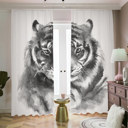 Monochrome Watercolor White Tiger Print Blackout Pencil Pleat Curtains