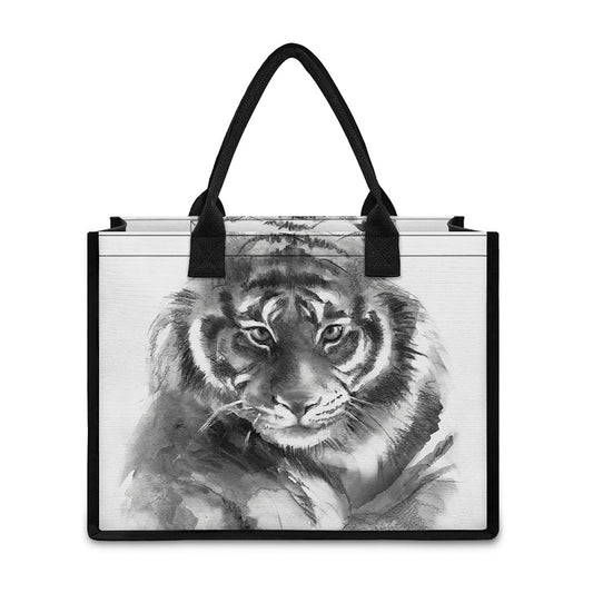 Monochrome Watercolor White Tiger Print Canvas Tote Bag