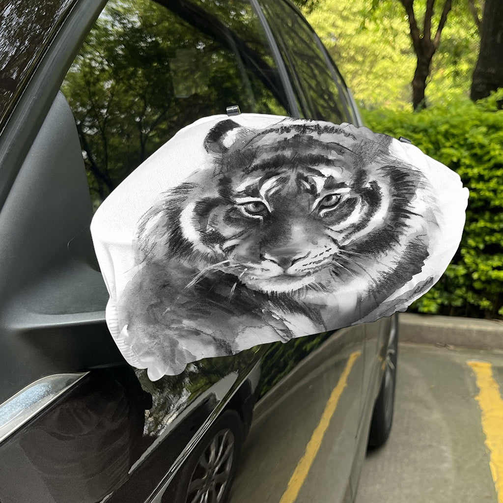 Monochrome Watercolor White Tiger Print Car Side Mirror Covers