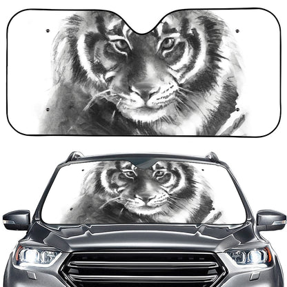 Monochrome Watercolor White Tiger Print Car Windshield Sun Shade