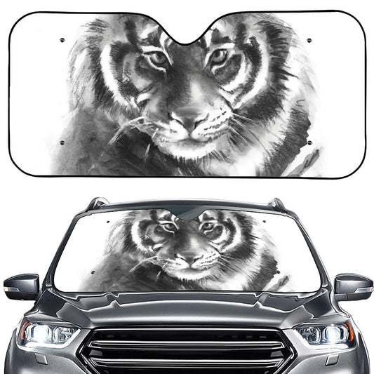 Monochrome Watercolor White Tiger Print Car Windshield Sun Shade