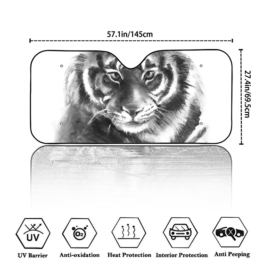 Monochrome Watercolor White Tiger Print Car Windshield Sun Shade