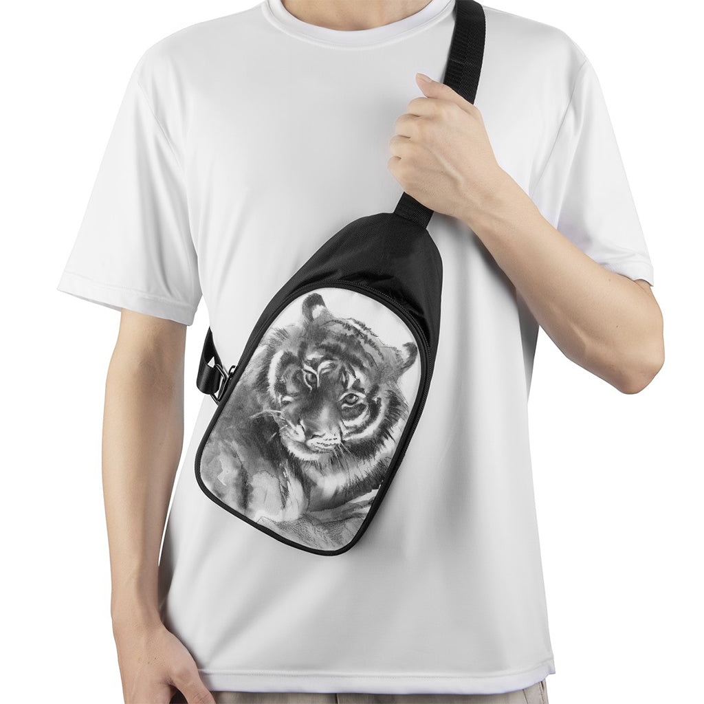 Monochrome Watercolor White Tiger Print Chest Bag