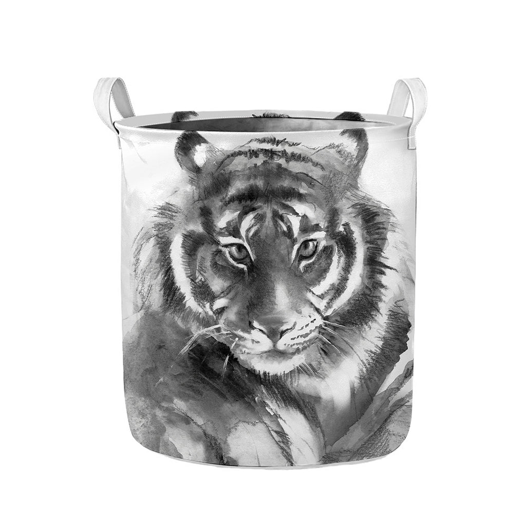 Monochrome Watercolor White Tiger Print Collapsible Laundry Basket