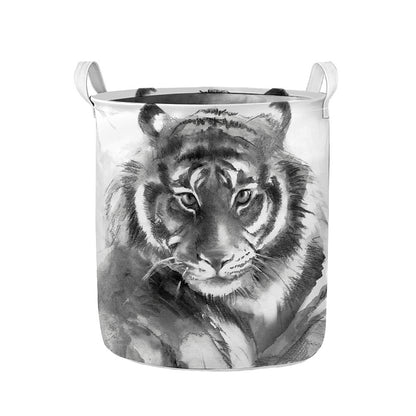 Monochrome Watercolor White Tiger Print Collapsible Laundry Basket