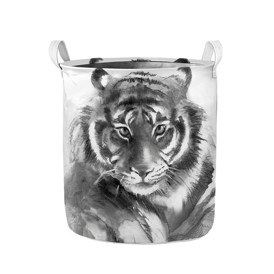 Monochrome Watercolor White Tiger Print Collapsible Laundry Basket