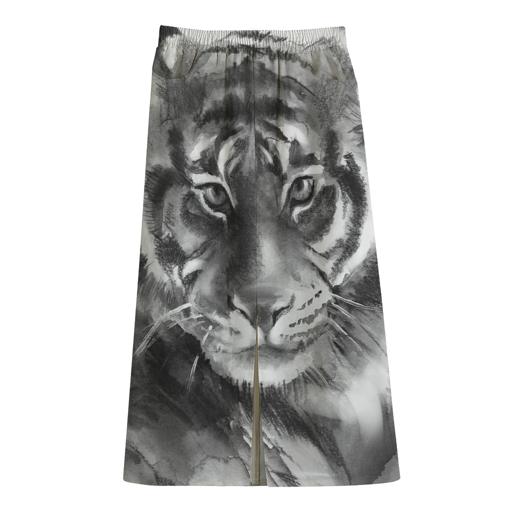 Monochrome Watercolor White Tiger Print Cotton Front Slit Maxi Skirt