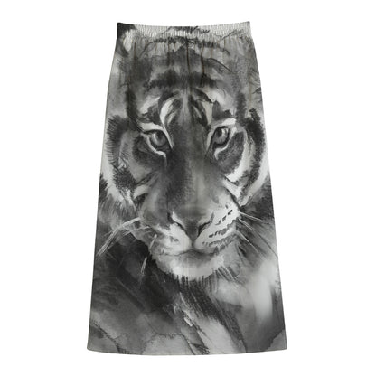 Monochrome Watercolor White Tiger Print Cotton Front Slit Maxi Skirt
