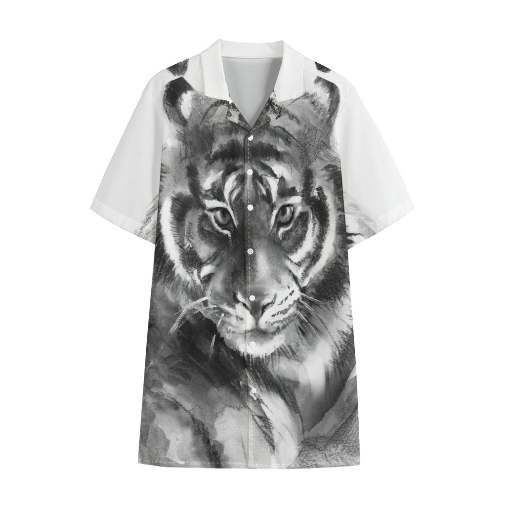 Monochrome Watercolor White Tiger Print Cotton Hawaiian Shirt