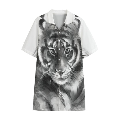 Monochrome Watercolor White Tiger Print Cotton Hawaiian Shirt