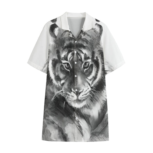 Monochrome Watercolor White Tiger Print Cotton Hawaiian Shirt