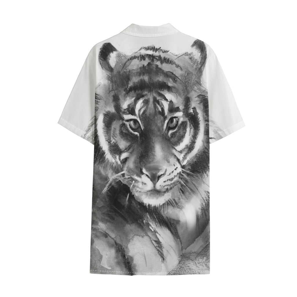 Monochrome Watercolor White Tiger Print Cotton Hawaiian Shirt