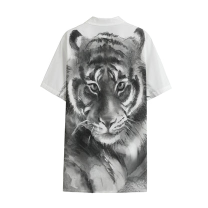 Monochrome Watercolor White Tiger Print Cotton Hawaiian Shirt
