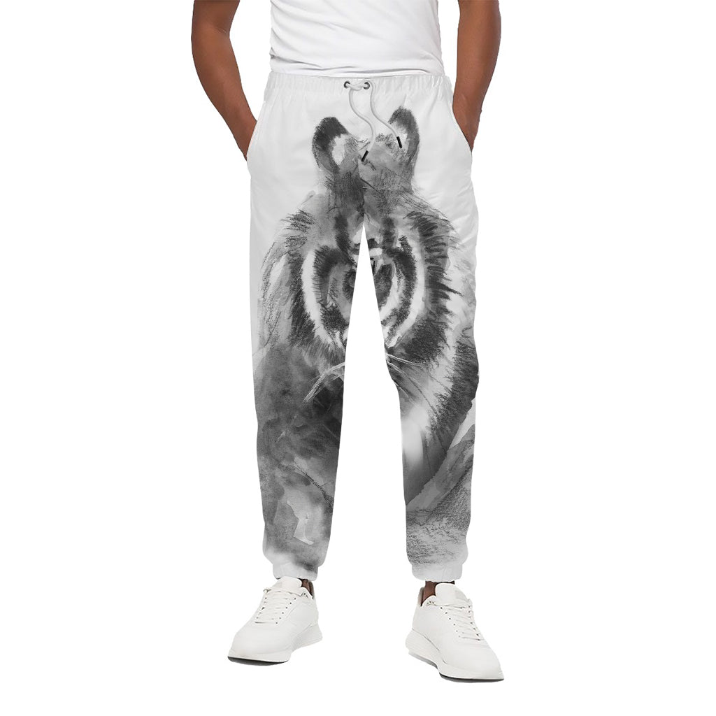 Monochrome Watercolor White Tiger Print Cotton Pants