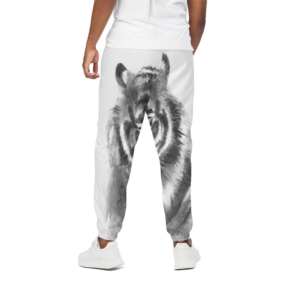 Monochrome Watercolor White Tiger Print Cotton Pants