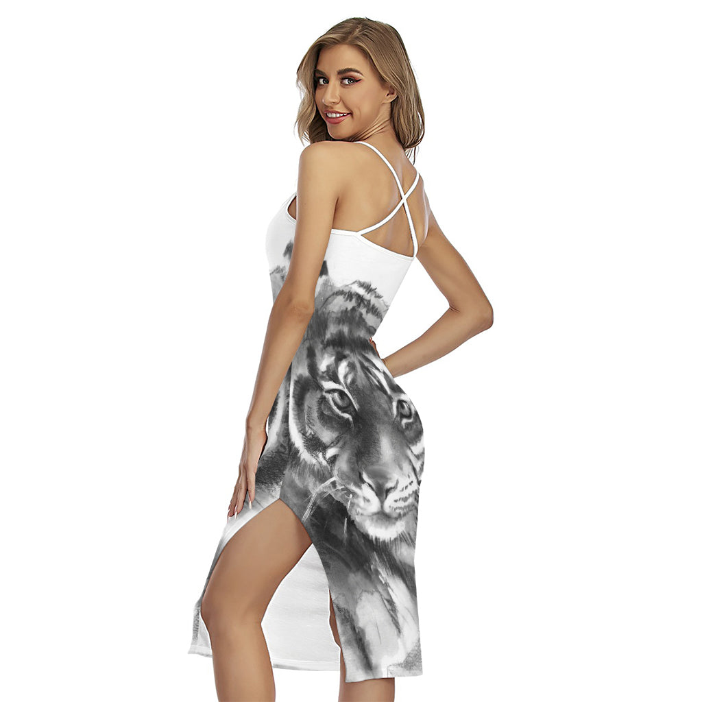 Monochrome Watercolor White Tiger Print Cross Back Cami Dress