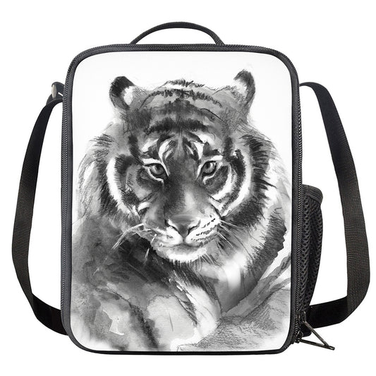 Monochrome Watercolor White Tiger Print Crossbody Lunch Bag