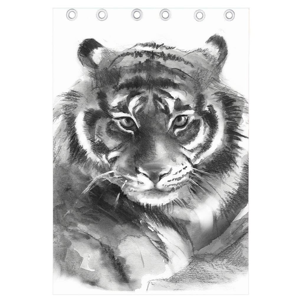 Monochrome Watercolor White Tiger Print Curtain
