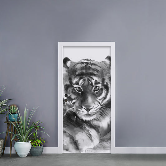 Monochrome Watercolor White Tiger Print Door Sticker
