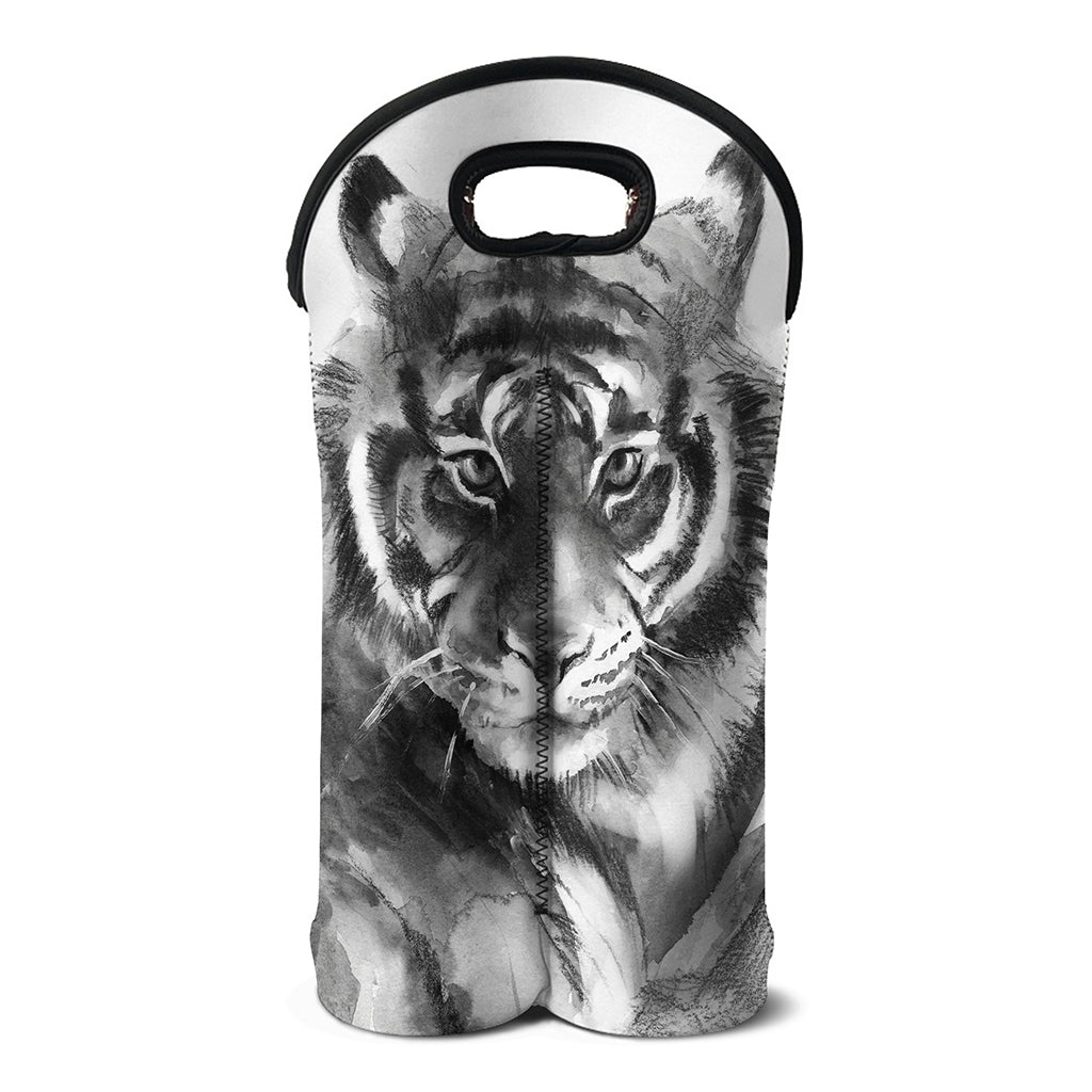 Monochrome Watercolor White Tiger Print Double Neoprene Wine Tote