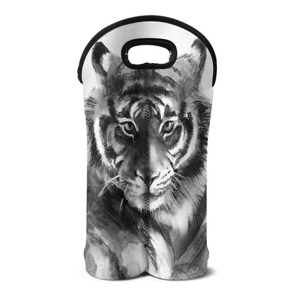Monochrome Watercolor White Tiger Print Double Neoprene Wine Tote