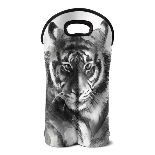 Monochrome Watercolor White Tiger Print Double Neoprene Wine Tote