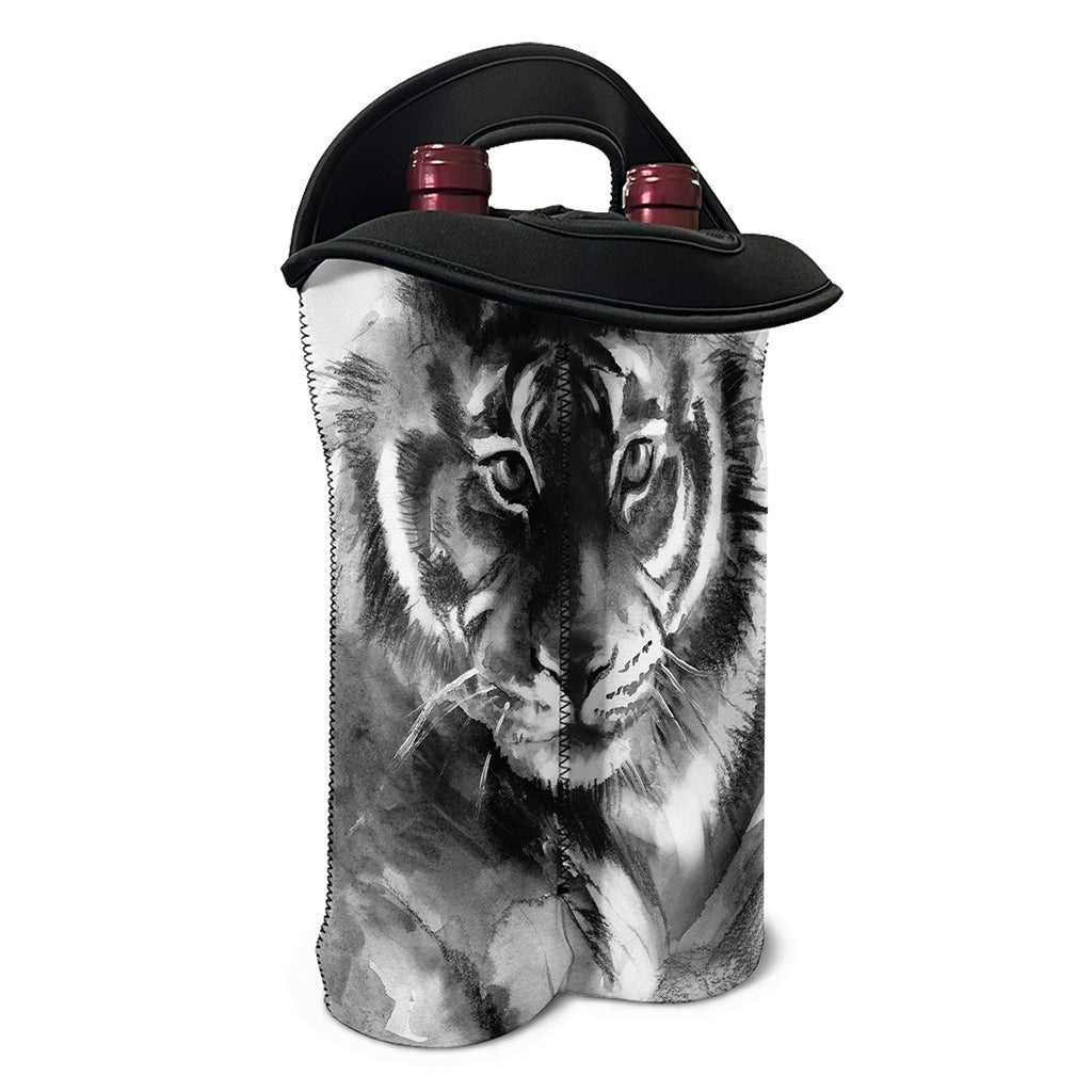 Monochrome Watercolor White Tiger Print Double Neoprene Wine Tote