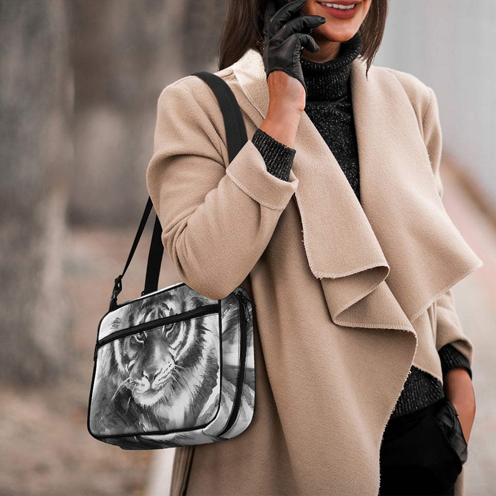 Monochrome Watercolor White Tiger Print Double Strap Bible Bag
