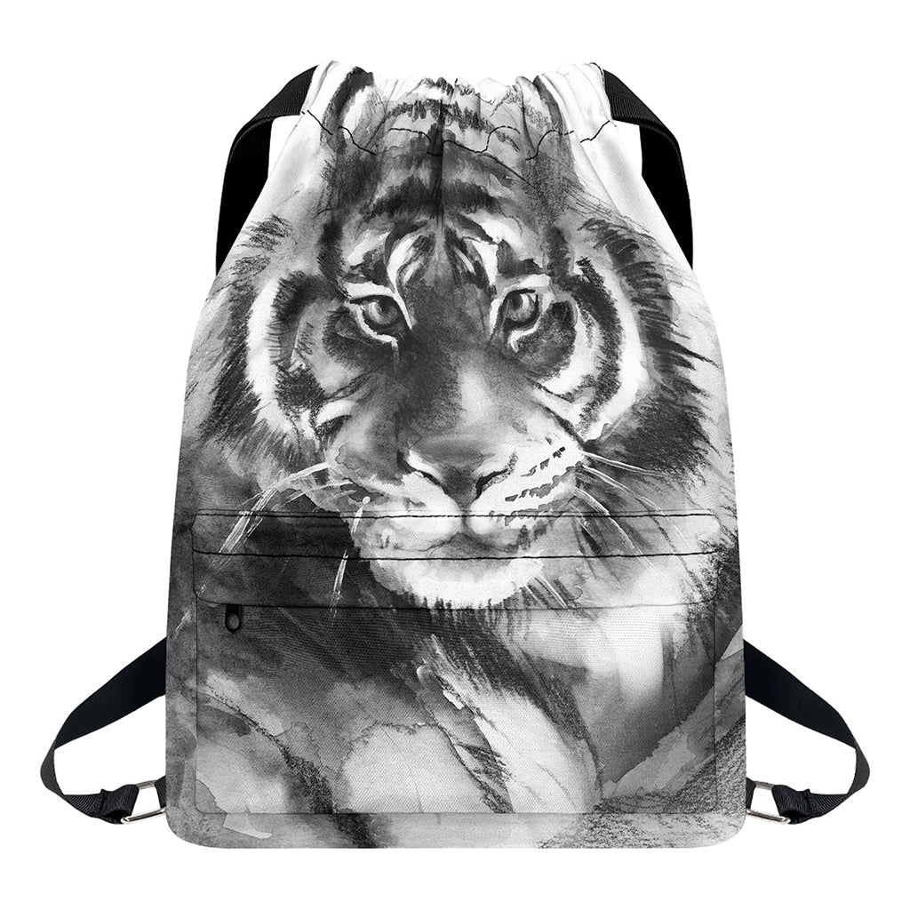 Monochrome Watercolor White Tiger Print Drawstring Backpack