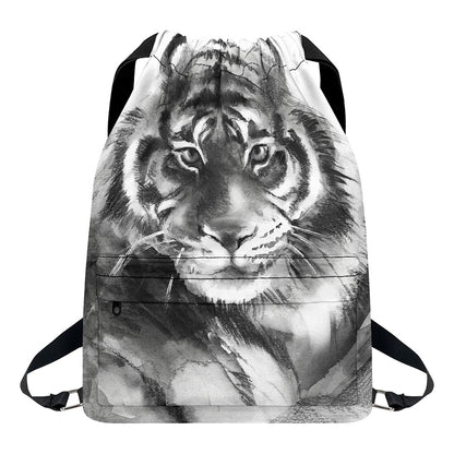 Monochrome Watercolor White Tiger Print Drawstring Backpack