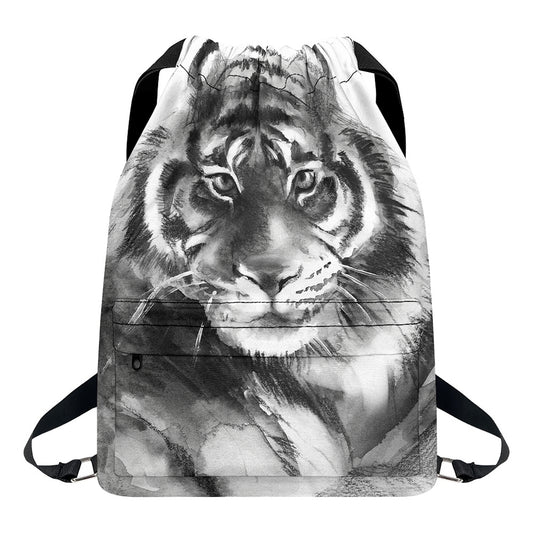 Monochrome Watercolor White Tiger Print Drawstring Backpack