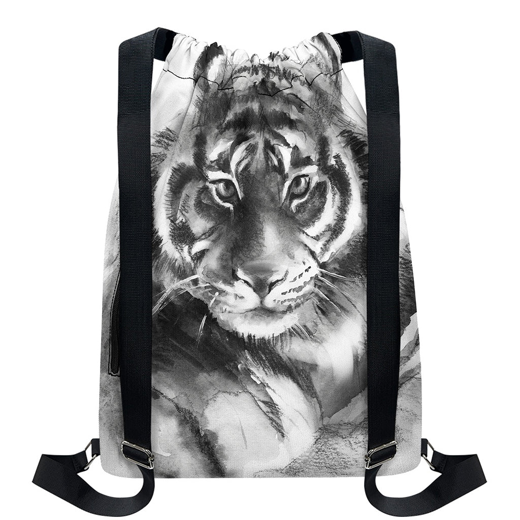 Monochrome Watercolor White Tiger Print Drawstring Backpack