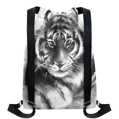 Monochrome Watercolor White Tiger Print Drawstring Backpack