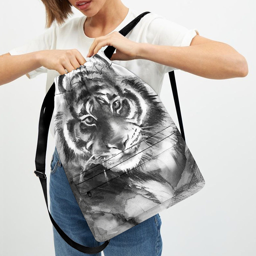Monochrome Watercolor White Tiger Print Drawstring Backpack