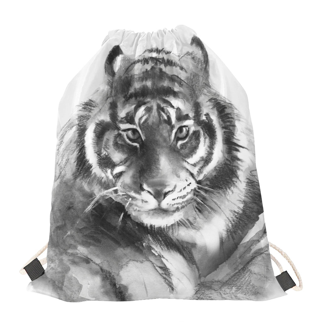 Monochrome Watercolor White Tiger Print Drawstring Bag