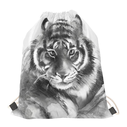 Monochrome Watercolor White Tiger Print Drawstring Bag