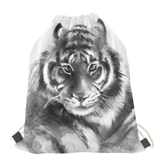 Monochrome Watercolor White Tiger Print Drawstring Bag