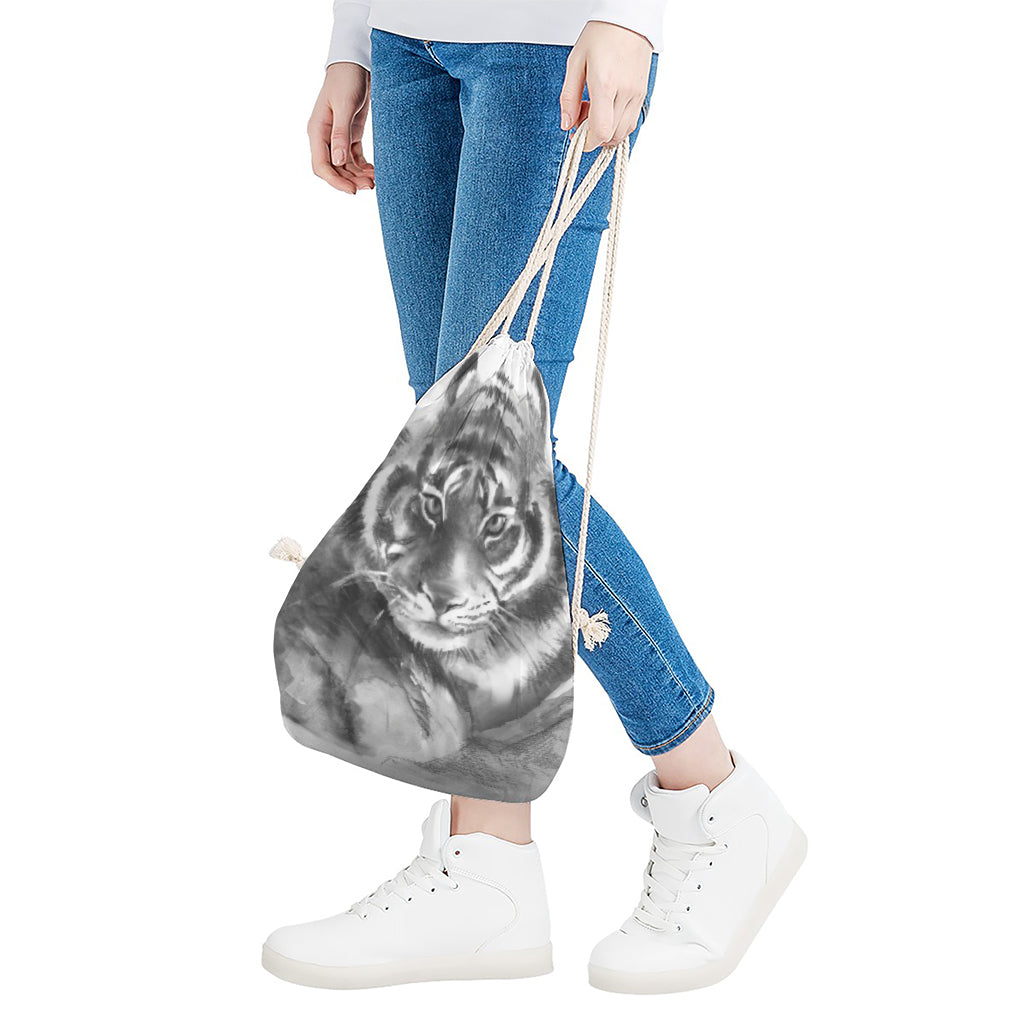 Monochrome Watercolor White Tiger Print Drawstring Bag
