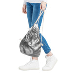 Monochrome Watercolor White Tiger Print Drawstring Bag