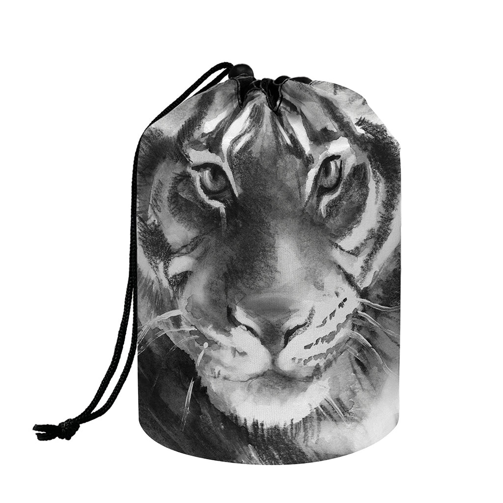 Monochrome Watercolor White Tiger Print Drawstring Makeup Bag