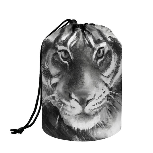 Monochrome Watercolor White Tiger Print Drawstring Makeup Bag