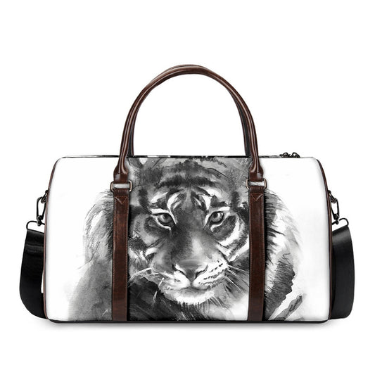 Monochrome Watercolor White Tiger Print Duffle Bag