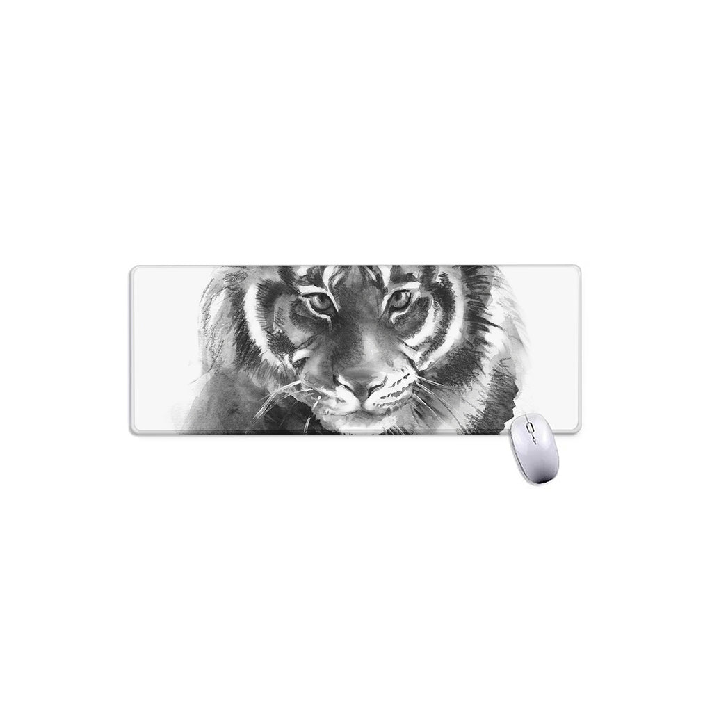 Monochrome Watercolor White Tiger Print Extended Mouse Pad