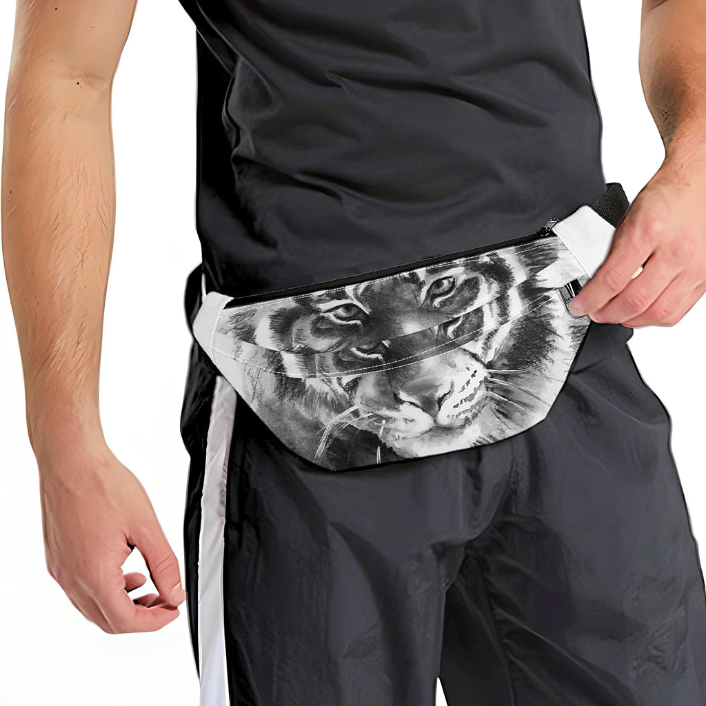 Monochrome Watercolor White Tiger Print Fanny Pack