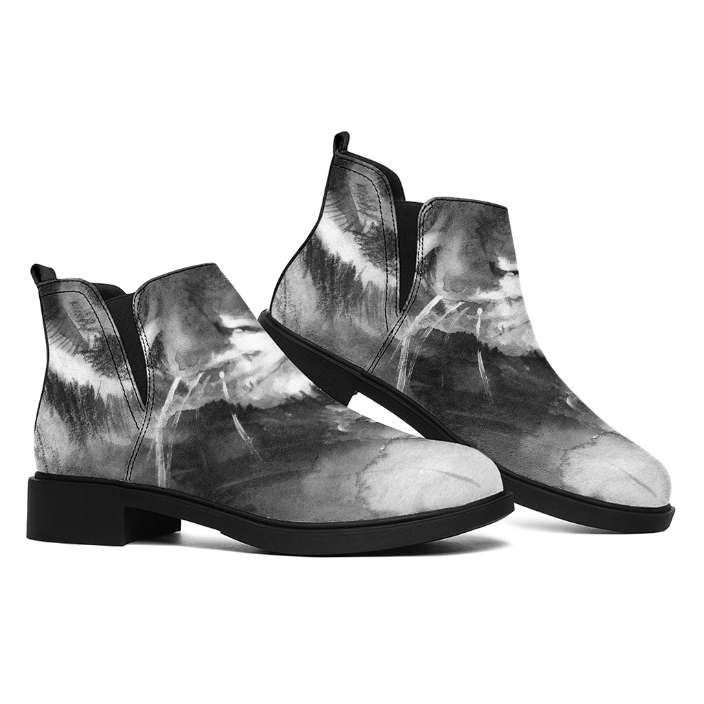 Monochrome Watercolor White Tiger Print Flat Ankle Boots