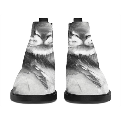 Monochrome Watercolor White Tiger Print Flat Ankle Boots