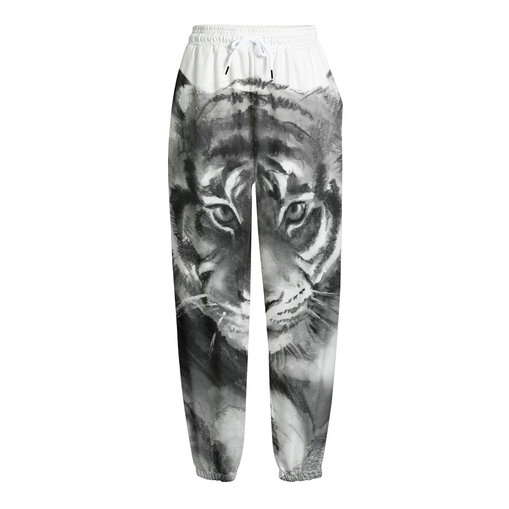 Monochrome Watercolor White Tiger Print Fleece Lined Knit Pants