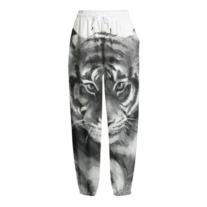 Monochrome Watercolor White Tiger Print Fleece Lined Knit Pants