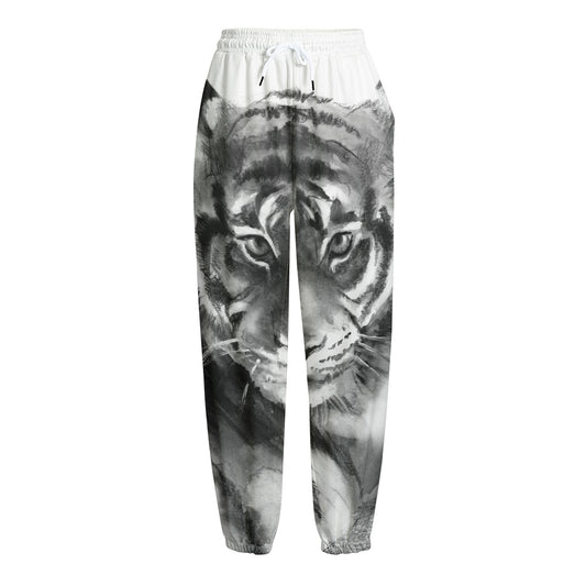 Monochrome Watercolor White Tiger Print Fleece Lined Knit Pants